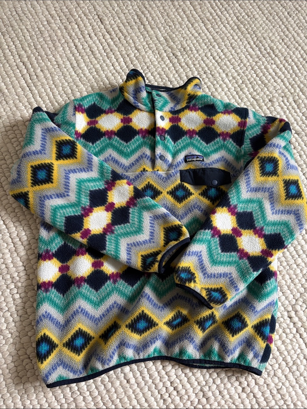 Patagonia Multicolor Geometric Zip-Up Fleece — Green, Yellow, Black, Cream